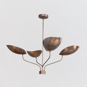 4-Light Mid Century Modern Brass Chandelier – Handmade Sputnik Ceiling Light with Curved Shades – Vintage Italian Style Pendant Fixture