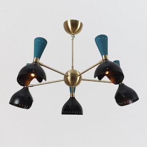 Mid Century Modern 5-Light Brass Chandelier – Dual Cone Sputnik Pendant Light – Adjustable Drop Rod – Handmade Ceiling Light Fixture