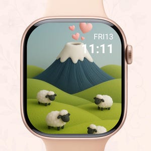 Pode incluir: Um smartwatch em ouro rosa exibe uma cena fantasiosa. O mostrador apresenta uma montanha azul, colinas verdes e ovelhas brancas. Corações rosa flutuam acima. A hora é 11:11 e a data é sexta-feira 13.