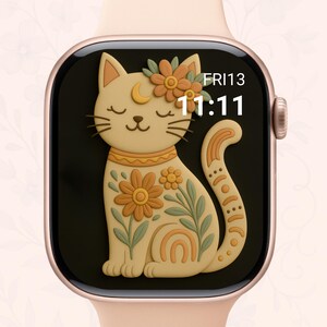 Quadrante Boho Cat / Sfondo floreale estetico 3D per Apple Watch / Design carino con gattino mistico