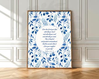 Schrifttekst Love Your Neighbor: blauwe aquarel christelijke muurkunst (pdf-download)