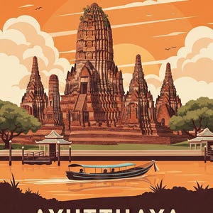 Ayutthaya Thailand Retro Travel Poster | Vintage Wall Art | Buddhist Temple Ruins Printable