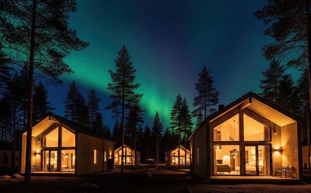 Scandinavian Luxury Forest Resort at Night – Warm & Peaceful Nature Art ...
