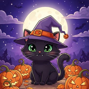 Cute Witch Cat Halloween Art – Printable Full Moon Night, Digital Wall Decor