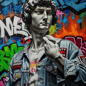 Michelangelo’s David Wearing Headphones Oil Painting – Modern Renaissance Street Art Print for Home Decor