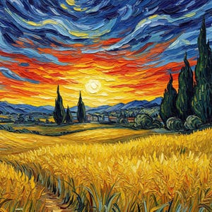 Van Gogh Wheat Field Print: Sunset Swirls Impasto Oil Painting