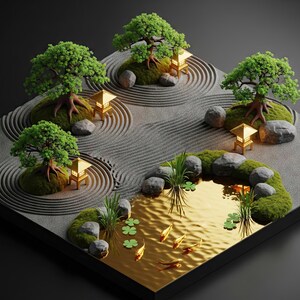 Miniature Zen Garden Wall Art | Luxury Japanese Diorama Scene | Digital ...