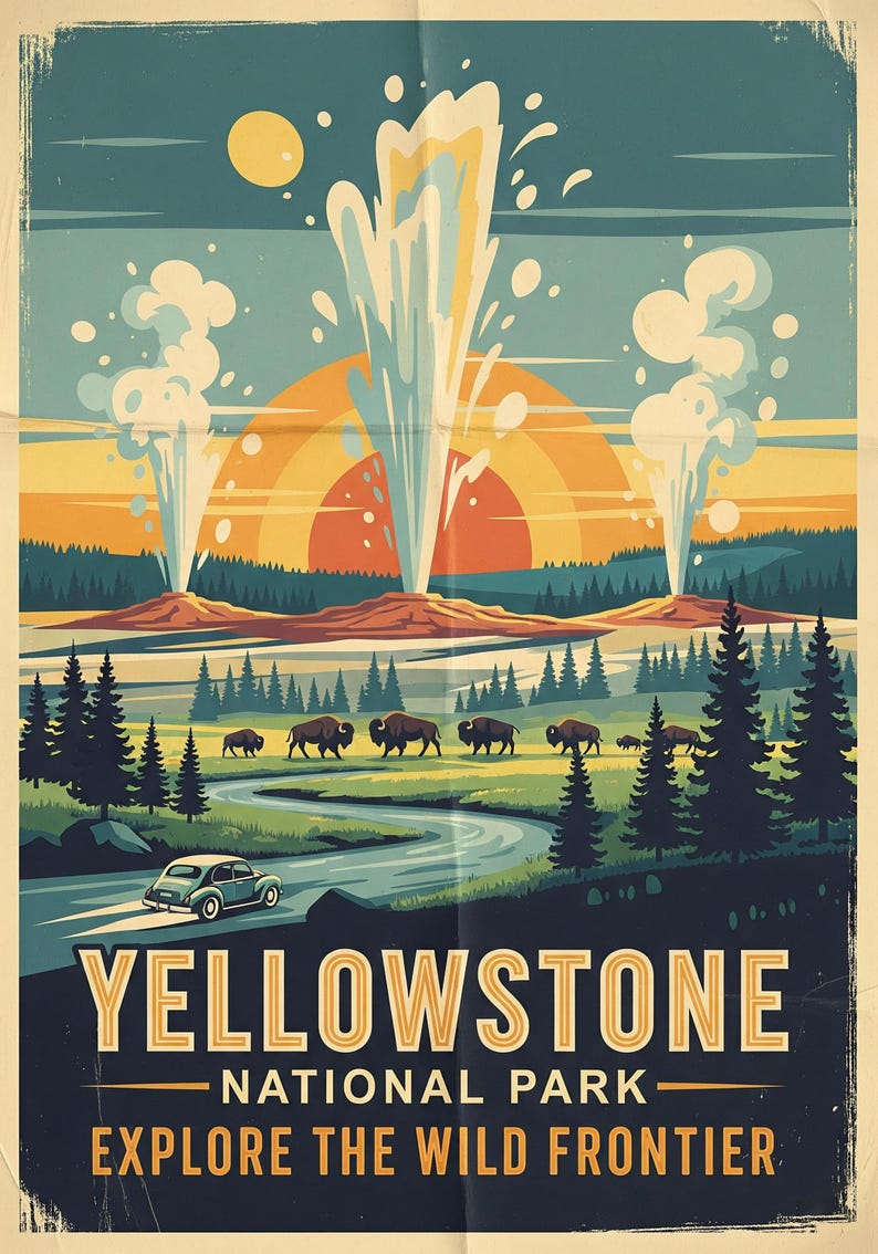 Vintage Yellowstone National Park Poster – Retro Geyser & Bison Art ...