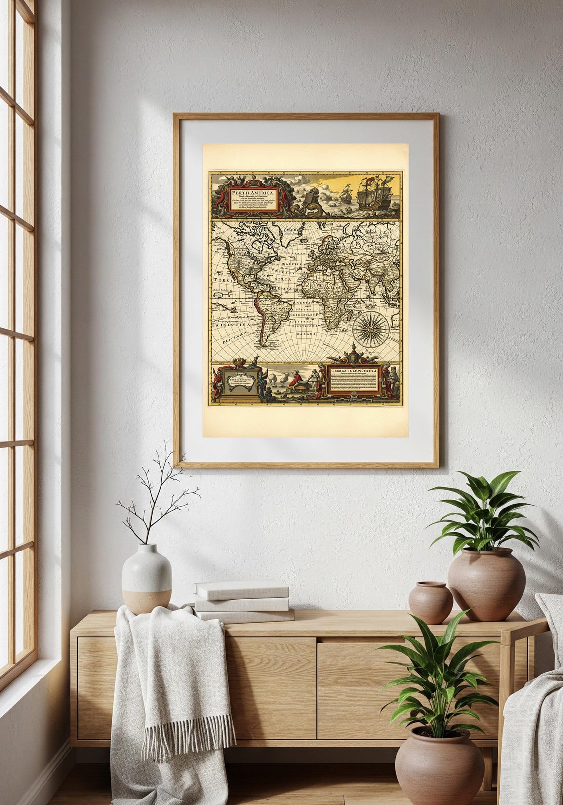 Antique World Map – 17th Century Vintage Cartography With Compass Rose ...