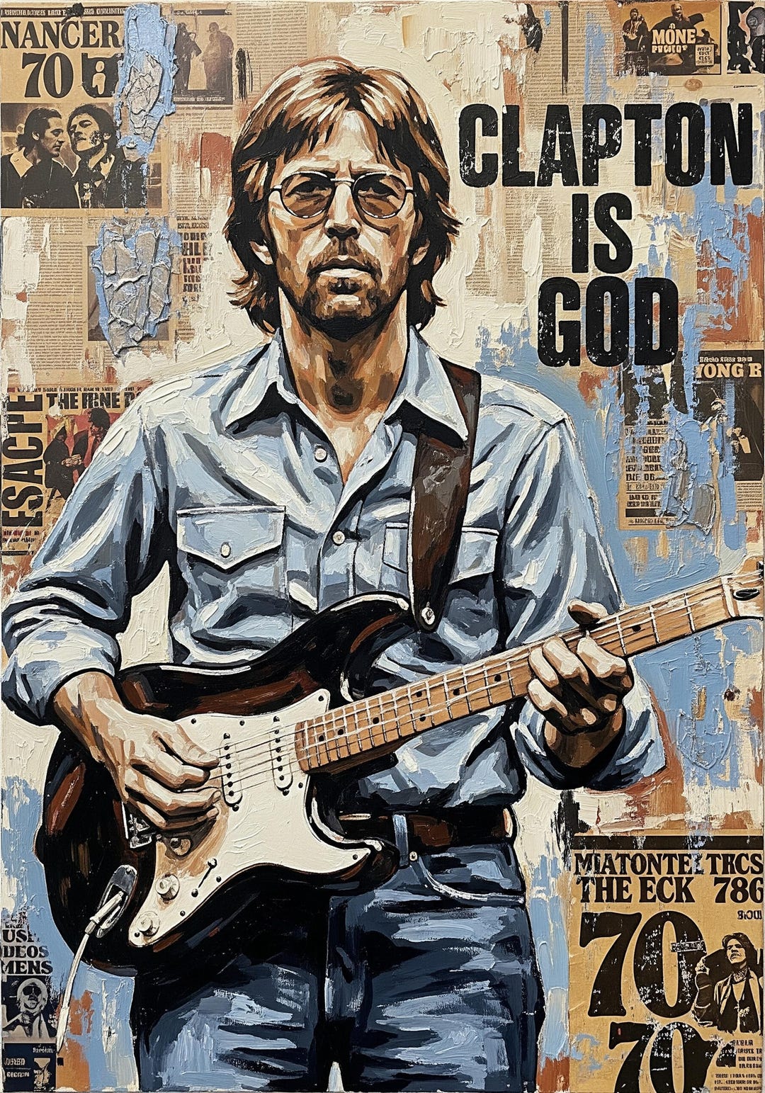 Curated visual reference: Visual Reference: Vintage Eric Clapton Art Print Impasto Collage Guitar God Retro
