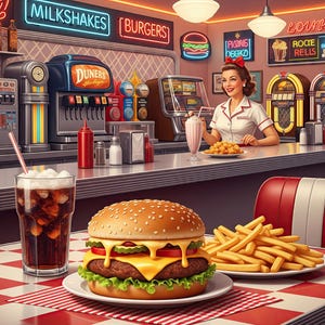 Vintage Diner Burger Wall Art – Retro American Printable Kitchen Decor