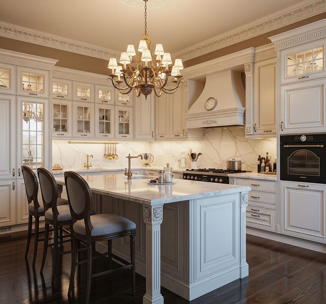 Luxurious European Classic Kitchen, Ornate Cabinets, White and Gold ...