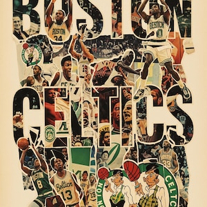 Vintage Boston Celtics Collage Art: Retro Basketball Poster