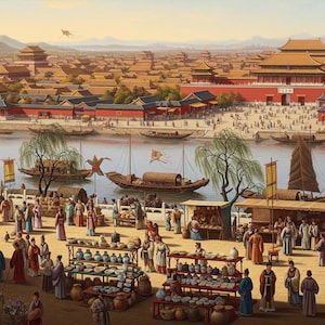 Ming Dynasty China Oil Painting: 1500s Imperial City Asian Landscape (Digital Download)