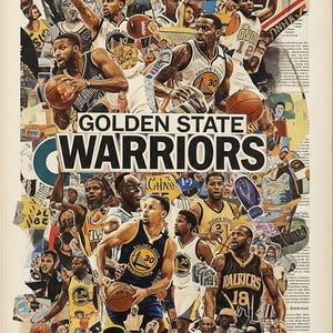 Golden State Warriors Vintage Collage Art Print: Retro Basketball Decor