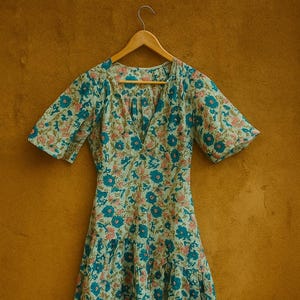 Handmade Cotton Floral Dress | Blue & Pink Boho Midi Dress | Puff Sleeve V-Neck Dress | Vintage-Inspired Summer Outfit for Women