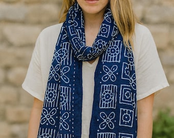 Handmade Indigo Block Print Scarf | Boho Floral Dupatta