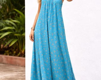 Turquoise Boho Maxi Dress | Printed Spaghetti Strap Slip, Handmade in India
