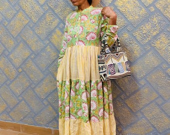Green Yellow Block Print Cotton Maxi Dress – Handmade Boho Tiered Long Sleeve Dress | Sustainable