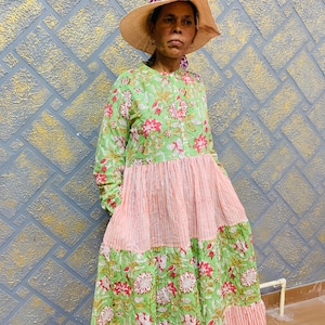 Green Peach Block Print Cotton Maxi Dress – Handmade Boho Tiered Long Sleeve Dress | Sustainable