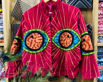 Eye Embroidery Velvet Jacket – Handmade Boho Festival Coat | Unique Statement Outerwear | Artisan Hippie Clothing