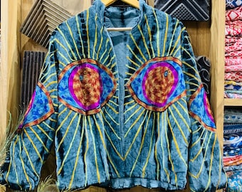 Eye Embroidery Velvet Jacket – Handmade Boho Festival Coat | Unique Statement Outerwear | Artisan Hippie Clothing