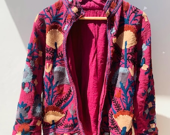 Handmade Suzani Embroidered Cotton Jacket – Boho Festival Coat | Floral Ethnic Jacket | Artisan Statement Outerwear