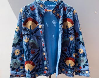 Handmade Suzani Embroidered Cotton Jacket – Boho Festival Coat | Floral Ethnic Jacket | Artisan Statement Outerwear