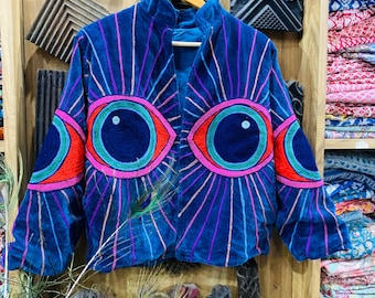 Velvet eye embroidery jacket - Handmade Boho coat, Bohemian Statement Jacket, Artisan Hippie Clothing, Halloween