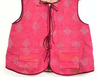 Handmade Pink Kantha Quilted Vest | Reversible Boho Cotton Waistcoat