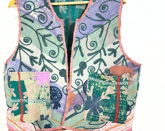 Handmade Sujani Quilted Vest | Boho Patchwork Cotton Waistcoat