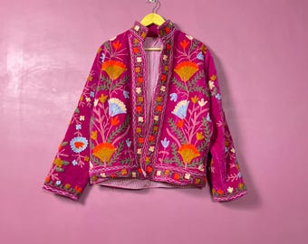 Hand Embroidered Velvet Jacket | Pink Floral Artisan Boho Coat