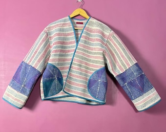 Handmade Kantha Crop Jacket | Reversible Patchwork Cotton, Boho Style