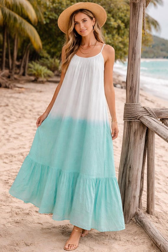 mint green ombre dress Handmade Cotton Maxi Dress, Bohemian Beach Resort Wear BH1563