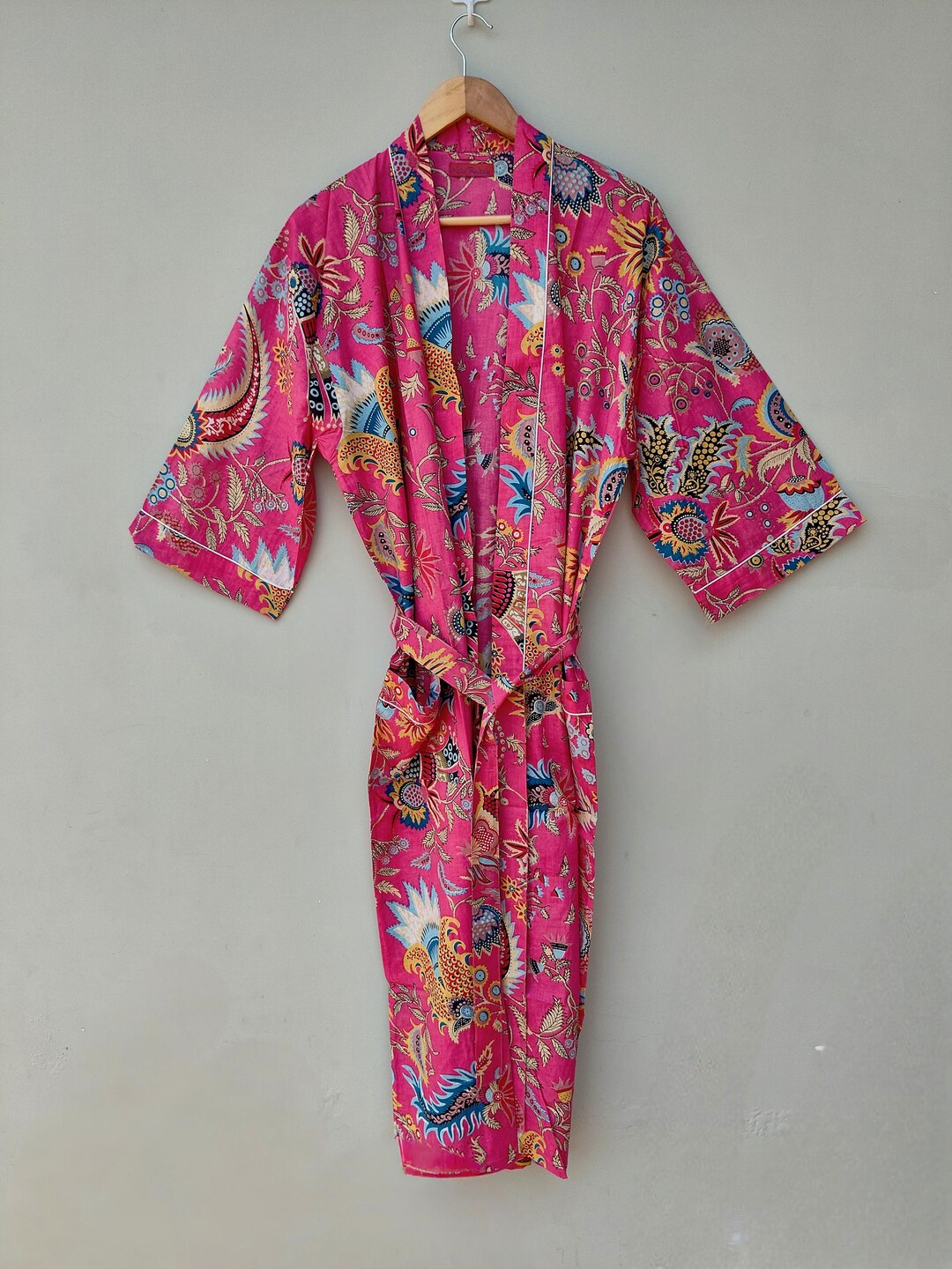 Vibrant Pink Floral Kimono Robe – Boho Loungewear, Handmade Cotton ...