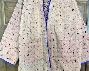 Peach Kantha Jacket – Handmade Vintage Quilted Kimono, Blue Trim
