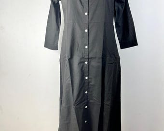 Handmade Black Cotton Button-Down Dress | Minimalist Midi, Long Sleeve