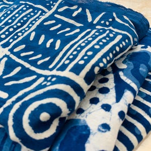 May include: Folded blue fabric with white geometric patterns. The fabric has a textured appearance and is layered, showcasing the intricate designs. The patterns include lines, dots, and circular shapes, creating a visually appealing textile.