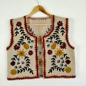 Handmade Quilted Embroidered Cotton Vest – Boho Layering Jacket, Artisan Floral Waistcoat