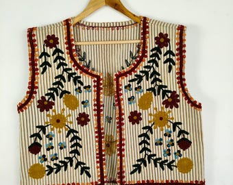 Handmade Quilted Embroidered Cotton Vest – Boho Layering Jacket, Artisan Floral Waistcoat