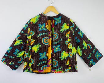 Reversible Kantha Jacket Women’s Boho Quilted Coat – Handmade Vintage Cotton Floral Jacket – Bright Tribal