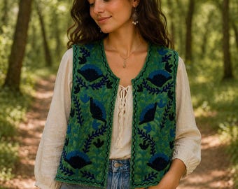 Boho Embroidered Vest, Green Kantha Jacket, Floral Bird Cotton Sleeveless Waistcoat