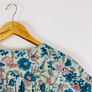 Handmade Cotton Floral Dress | Blue & Pink Boho Midi Dress | Puff Sleeve V-Neck Dress | Vintage-Inspired Summer Outfit for Women