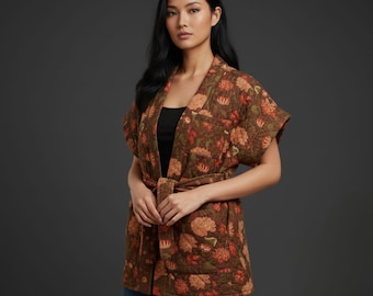 Floral Quilted Kimono Jacket – Handmade Boho Wrap Coat | Vintage Style Cotton Outerwear