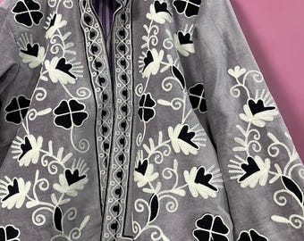 Hand Embroidered Grey Velvet Jacket | Artisan Floral Folk Outerwear