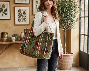 Handmade Quilted Floral Cotton Tote Bag | Botanical Print Shoulder Bag