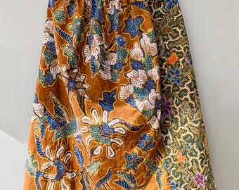Handmade Batik Skirt | Purple Floral & Gold Earth Tones | Cotton Midi | Free Size Elastic Waist