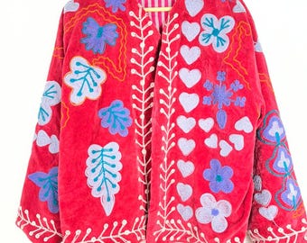 Handmade Red Velvet Embroidered Jacket | Boho Floral Folk Coat