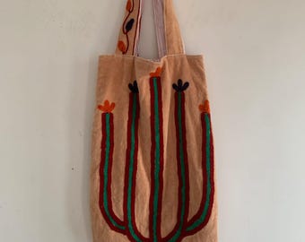 Beige Velvet Embroidered Tote Bag | Boho Cactus Floral Strap Handbag