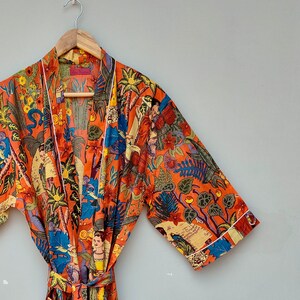 Boho Burnt Orange Kimono Robe | Handmade Cotton Block Print | Long Belted Dressing Gown | Artisan Loungewear Beach Cover Up